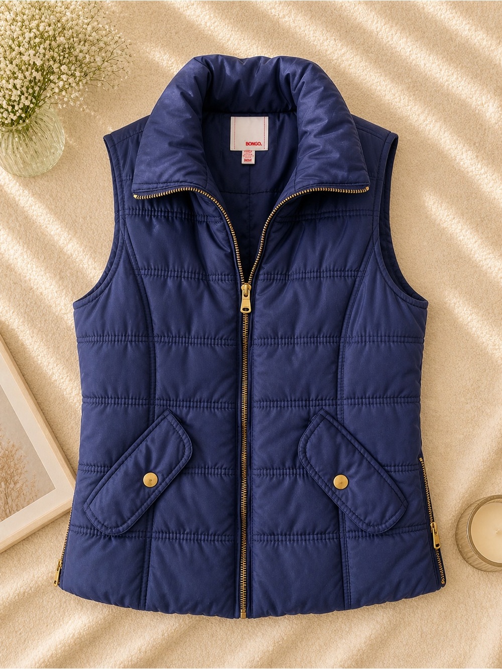 BONGO Navy Quilted Puffer Vest with Gold Hardware